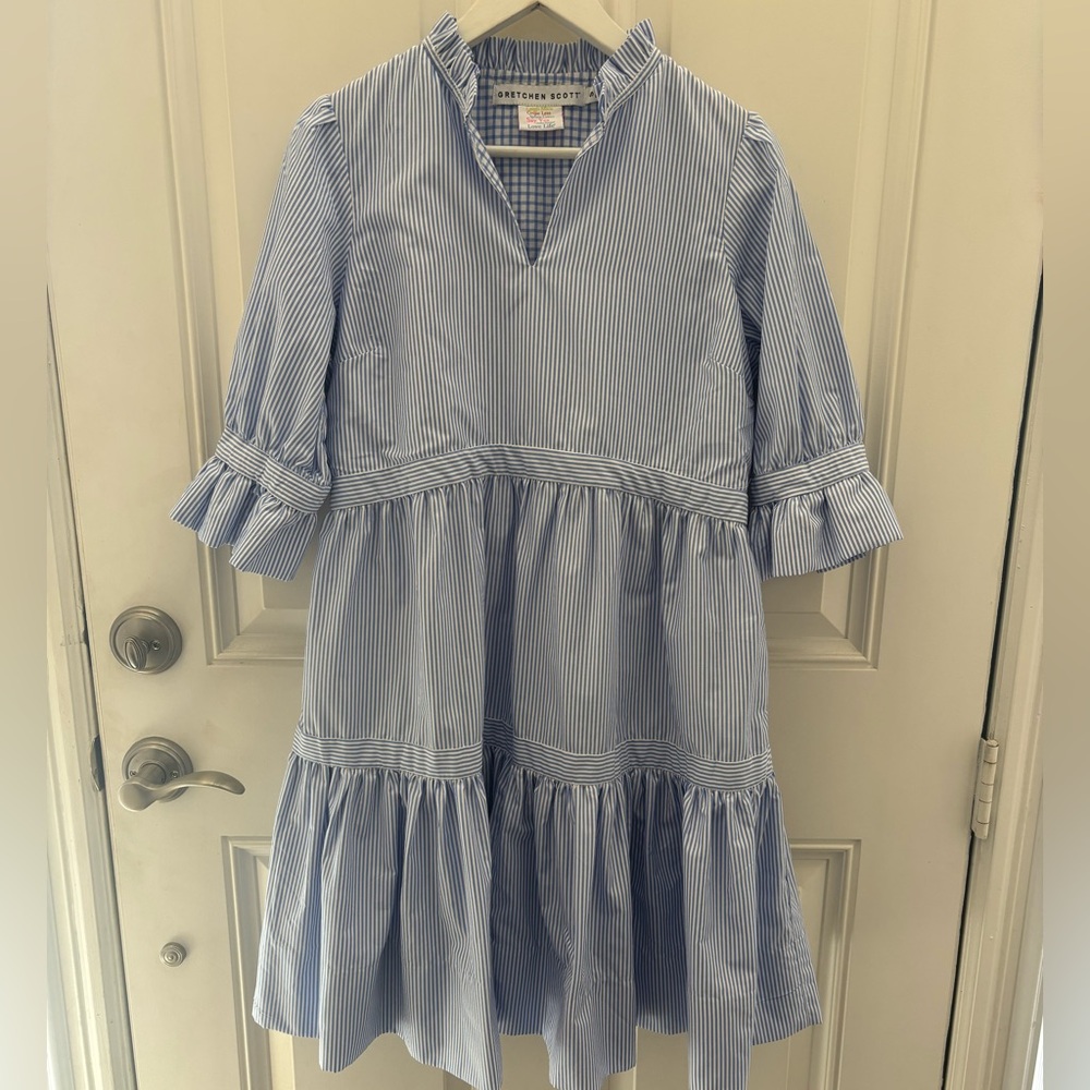 ✨Gretchen Scott Designs✨ Light Blue Striped Tiered Shirt Dress - Picture 1 of 15